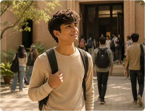 Young adult student walking on campus